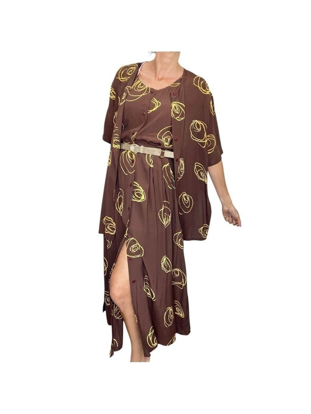 Kaliyana Artwear Ottawa brown yellow abstract floral skirt jacket top 3 pc set M